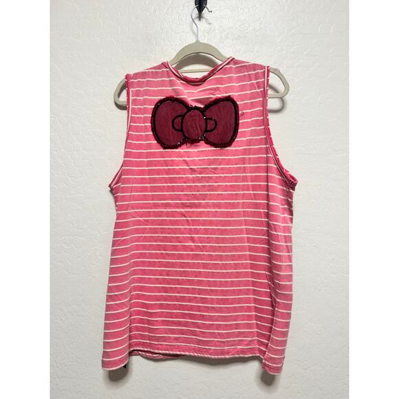 Hello Kitty Korean Mineral Wash Embroidery Sequence Sleevless Long Stripe Shirt - Picture 2 of 4